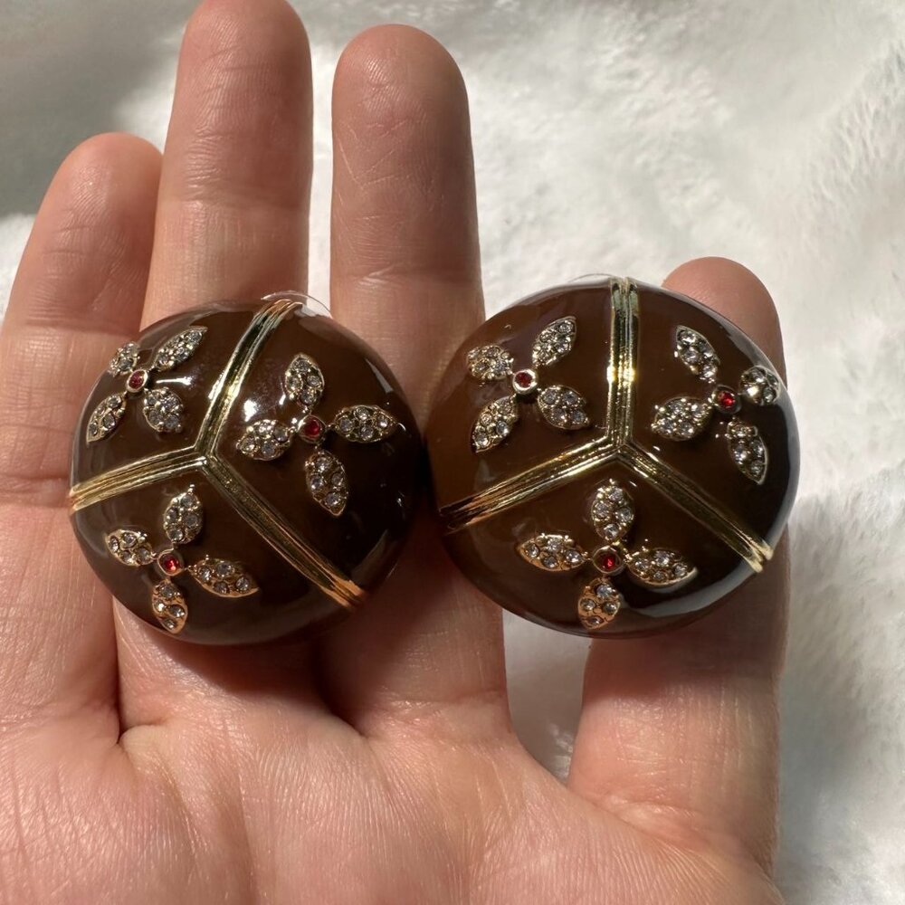 Vintage Gold & Brown Enamel Dome Stud Earrings with Crystal Clover